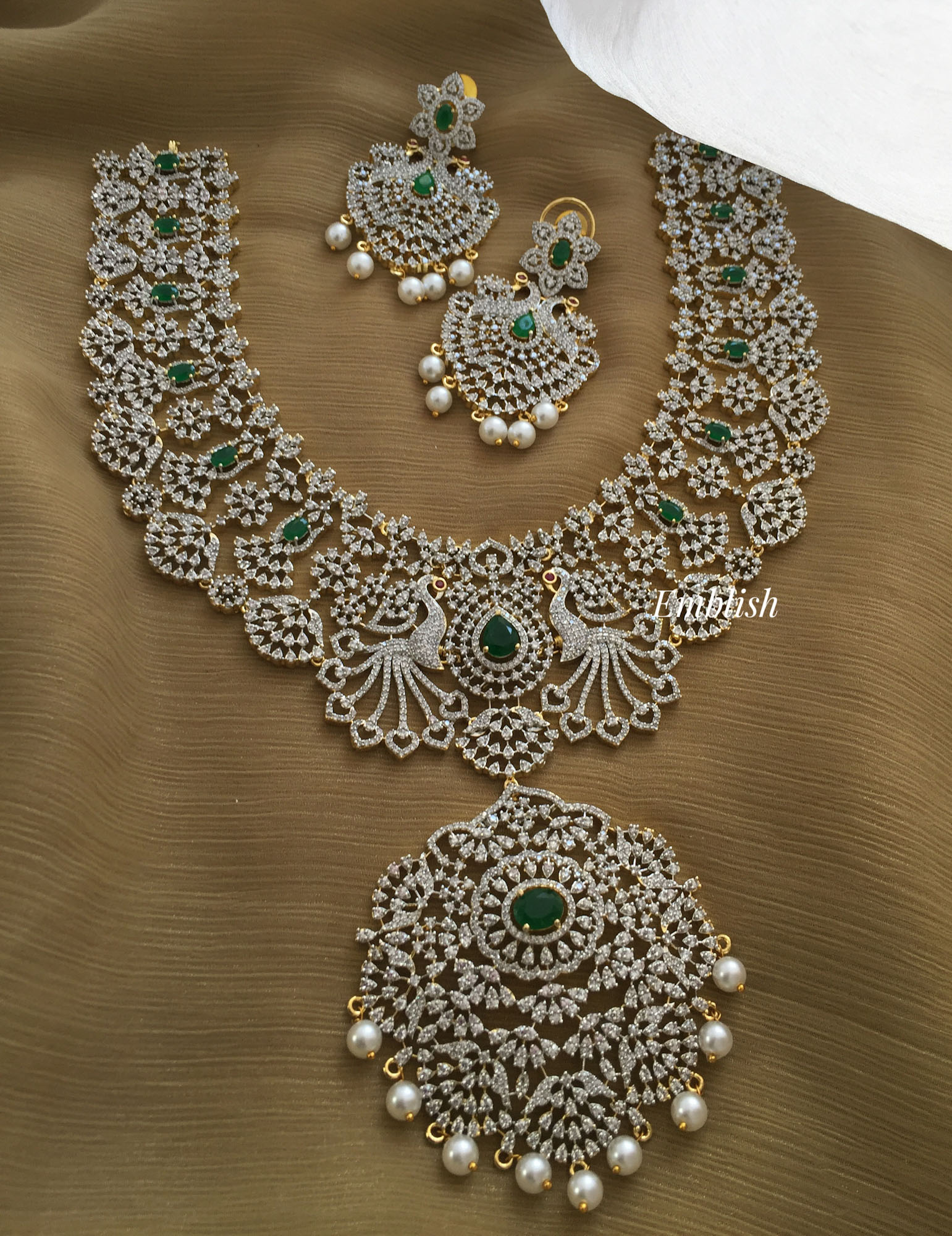 Royal Grand Ad Flower with Double Peacock Neckpiece - Green
